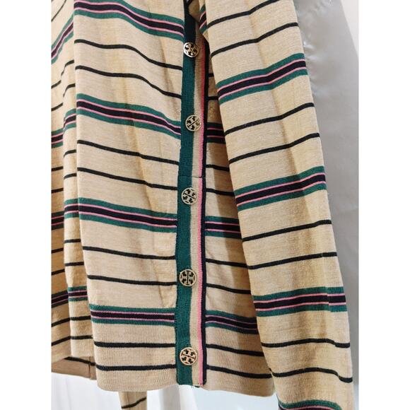 Tory Burch Striped Madeline Merino Wool Pullover Sweater Brown Green Womens L - Picture 5 of 8
